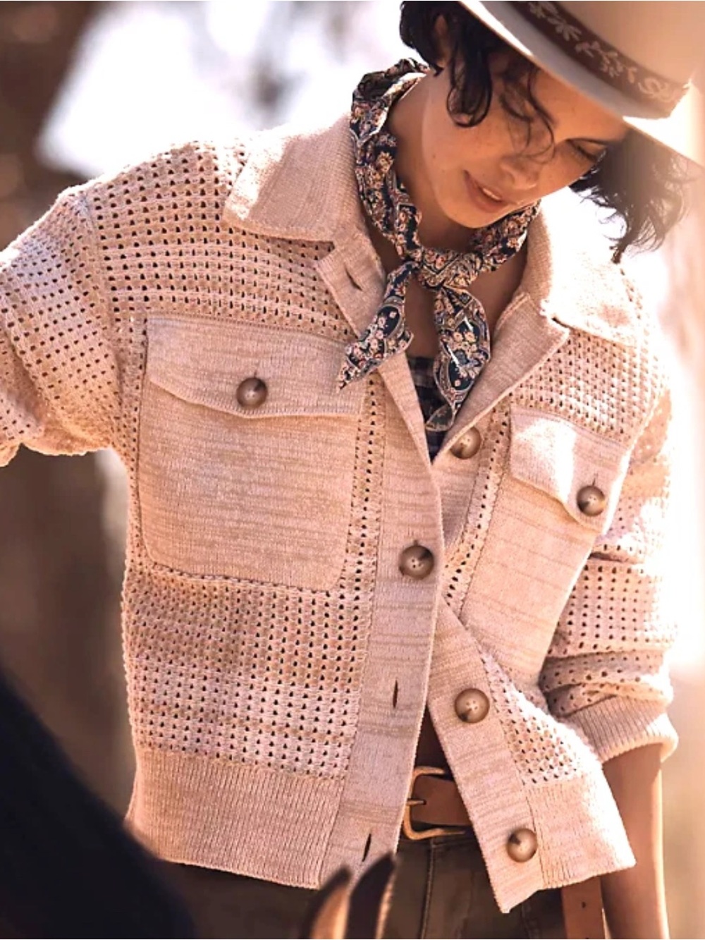 Anthropologie 2X Crocheted Pocket Collar Sweater Coat Sand Ivory Cardigan - Picture 2 of 16